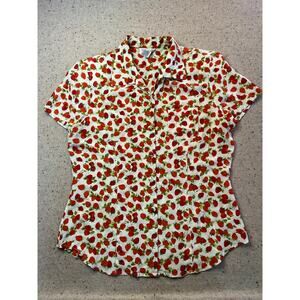 VTG Tess Silk Strawberry Short Sleeve Button Down Shirt 14 Shoulder Pads Cottage